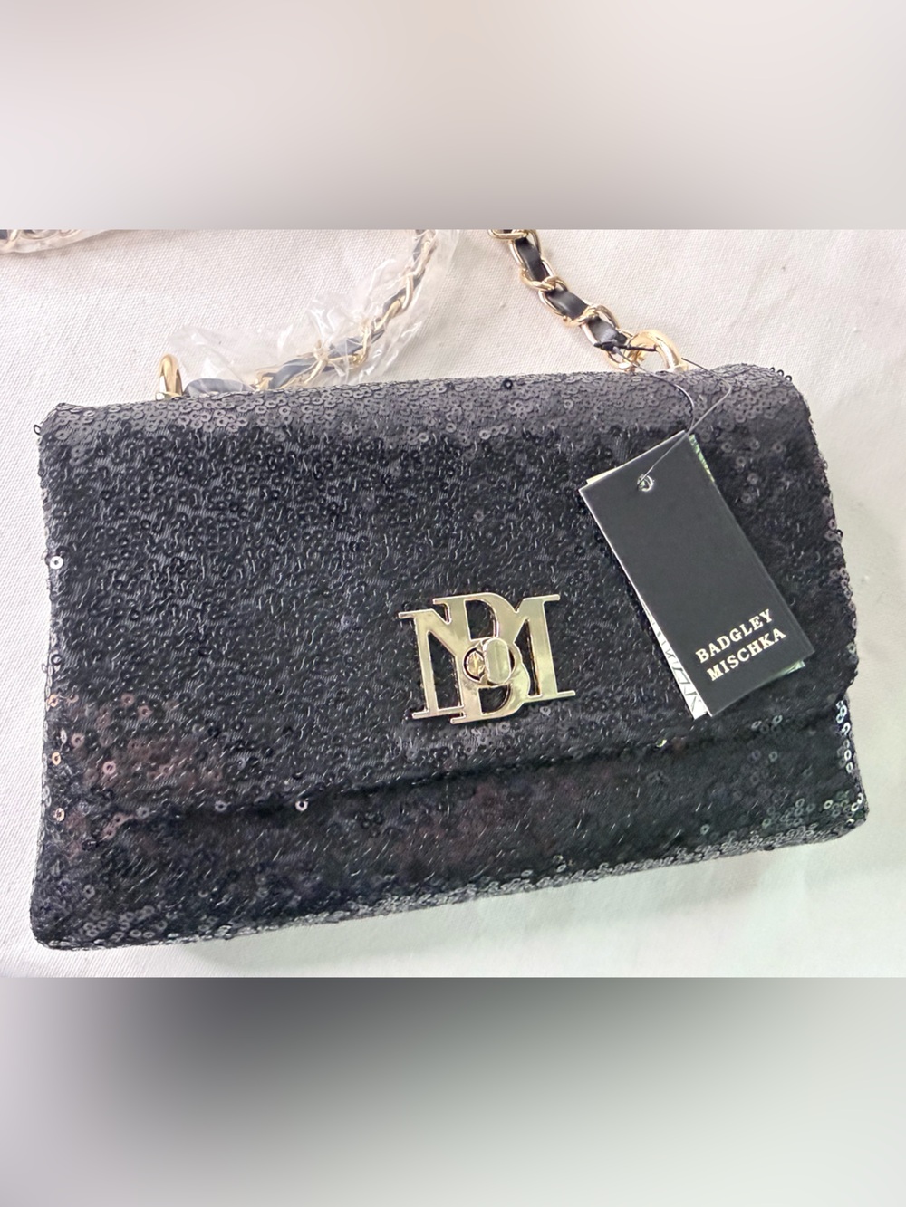 Badgley Mischka Black Sequin Evening Wristlet with Gold Logo